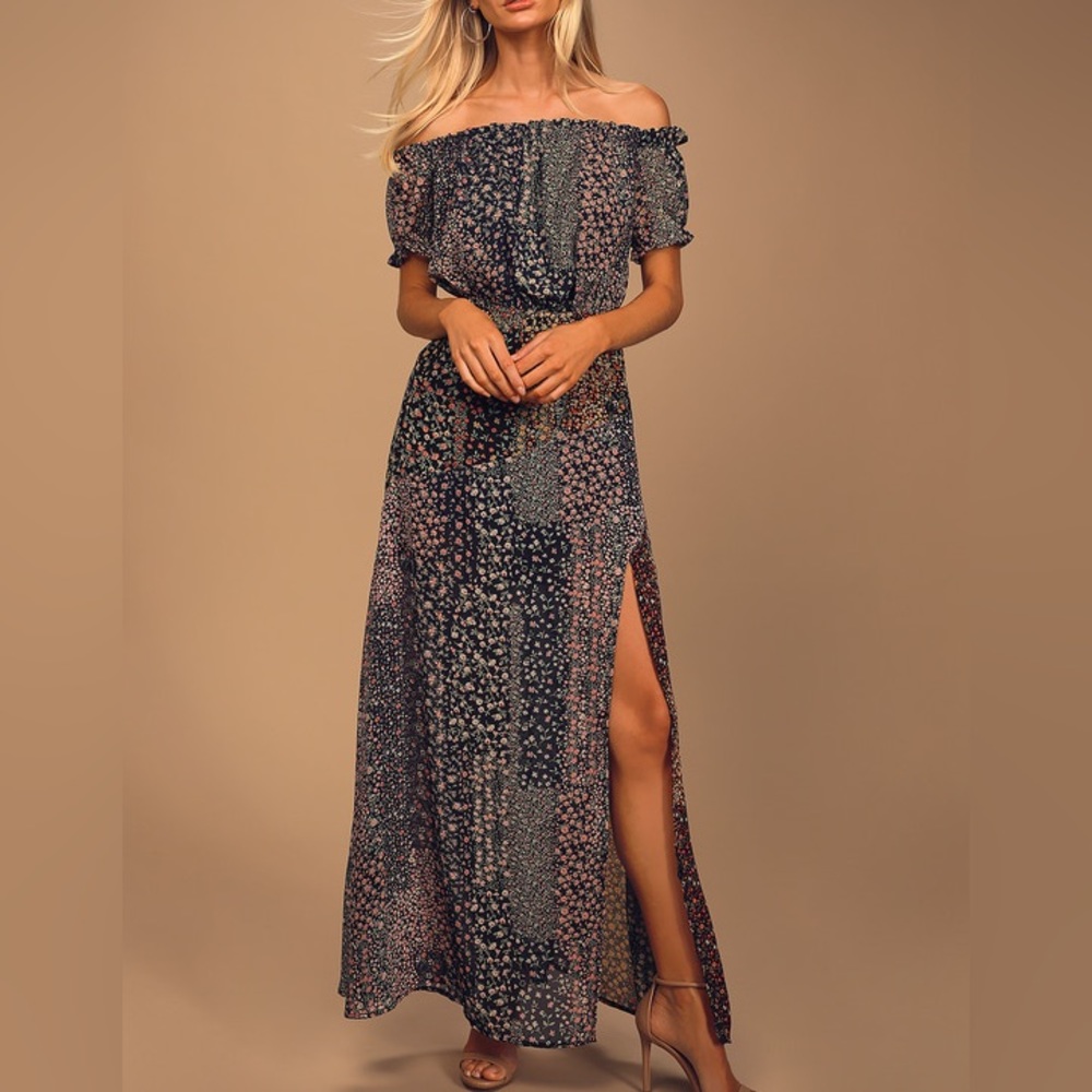 Neva Navy Blue Floral Print Off-the-Shoulder Maxi Dress